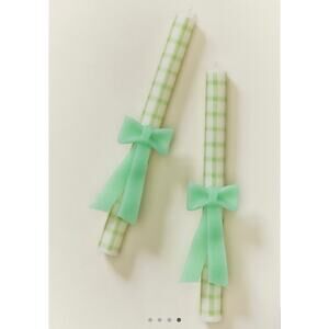 Anthropologie Green Gingham Bow Taper Candles, Set of 2